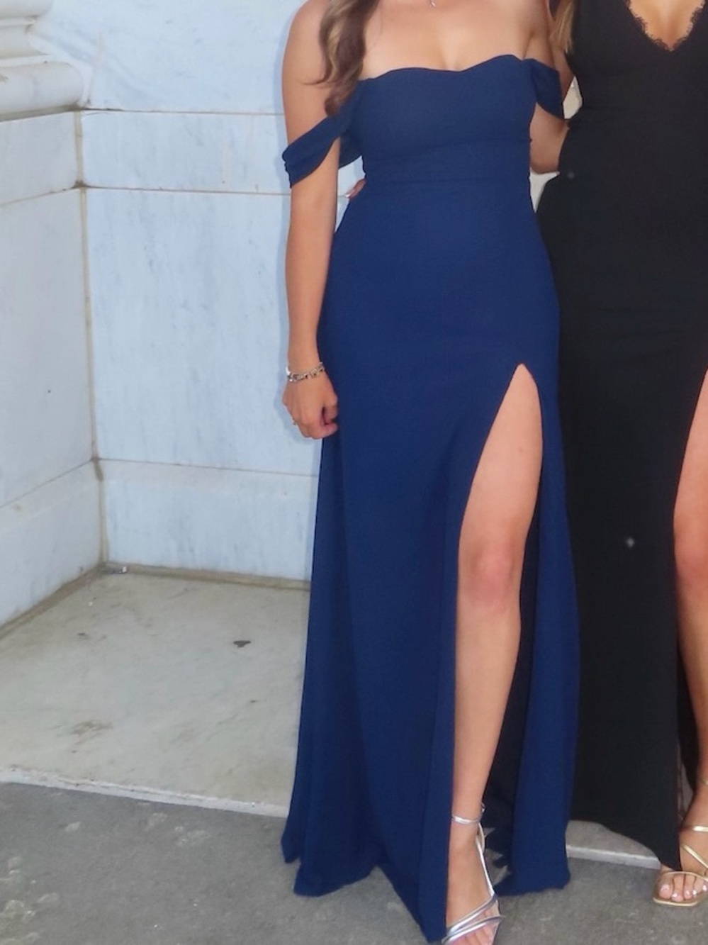 Elegant Navy Off-Shoulder Slit Evening Dress